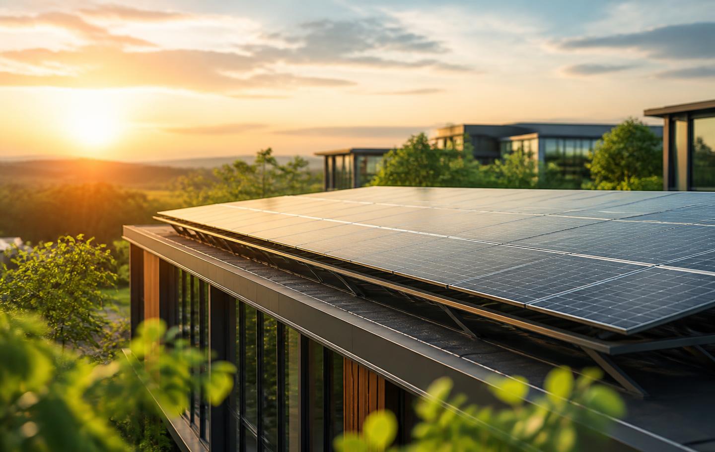 Modern solar energy installation at sunset